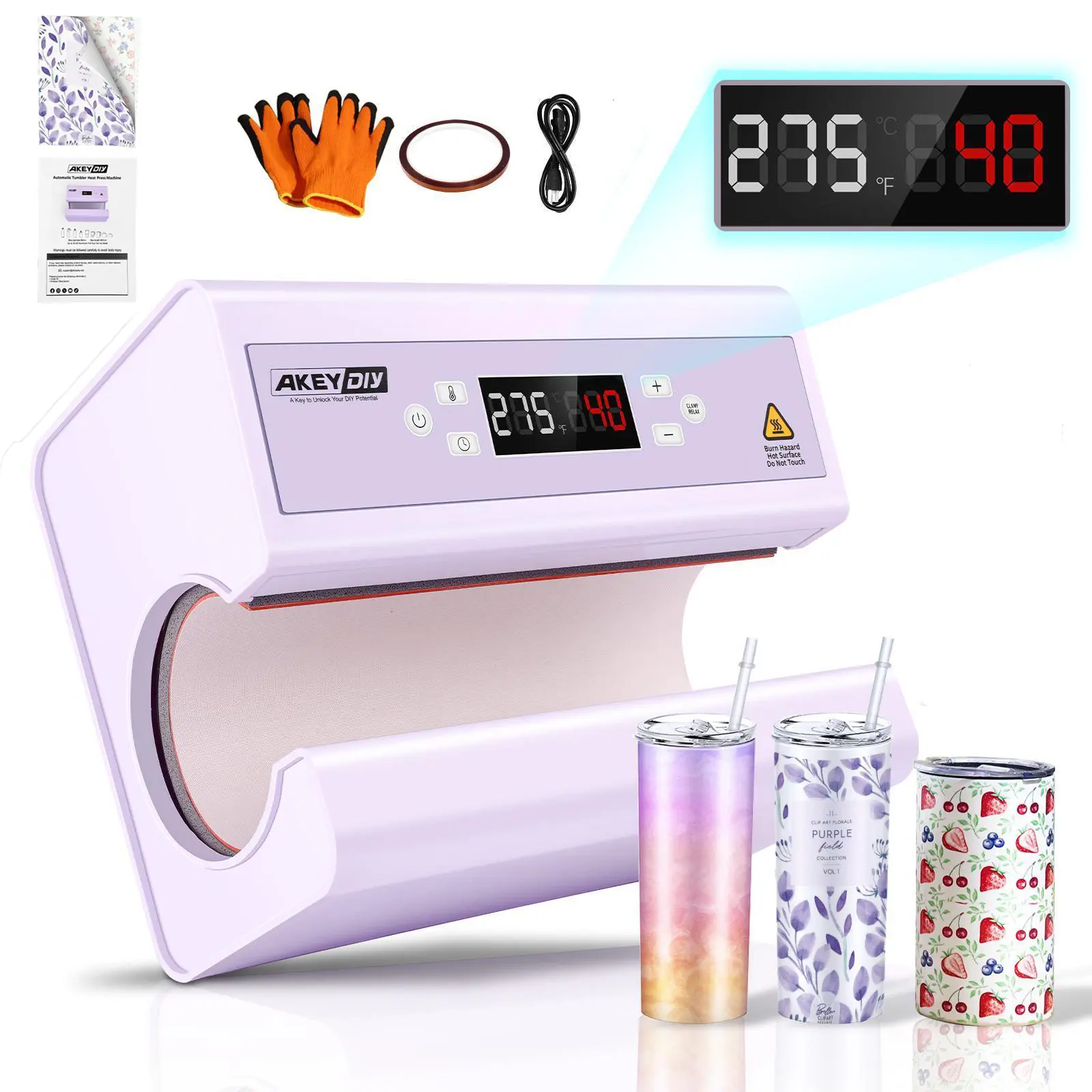 AKEYDIY Auto Mug Press Machine for Adults - 11-30OZ Ceramic/Glass Tumbler Transfer, Auto Rotation Full Wrap, Customizable Heat and Duration Control, Includes Sublimation Paper, Heat Tape & Gloves (All Seasons, Yes, None), Diy Crafts Kit