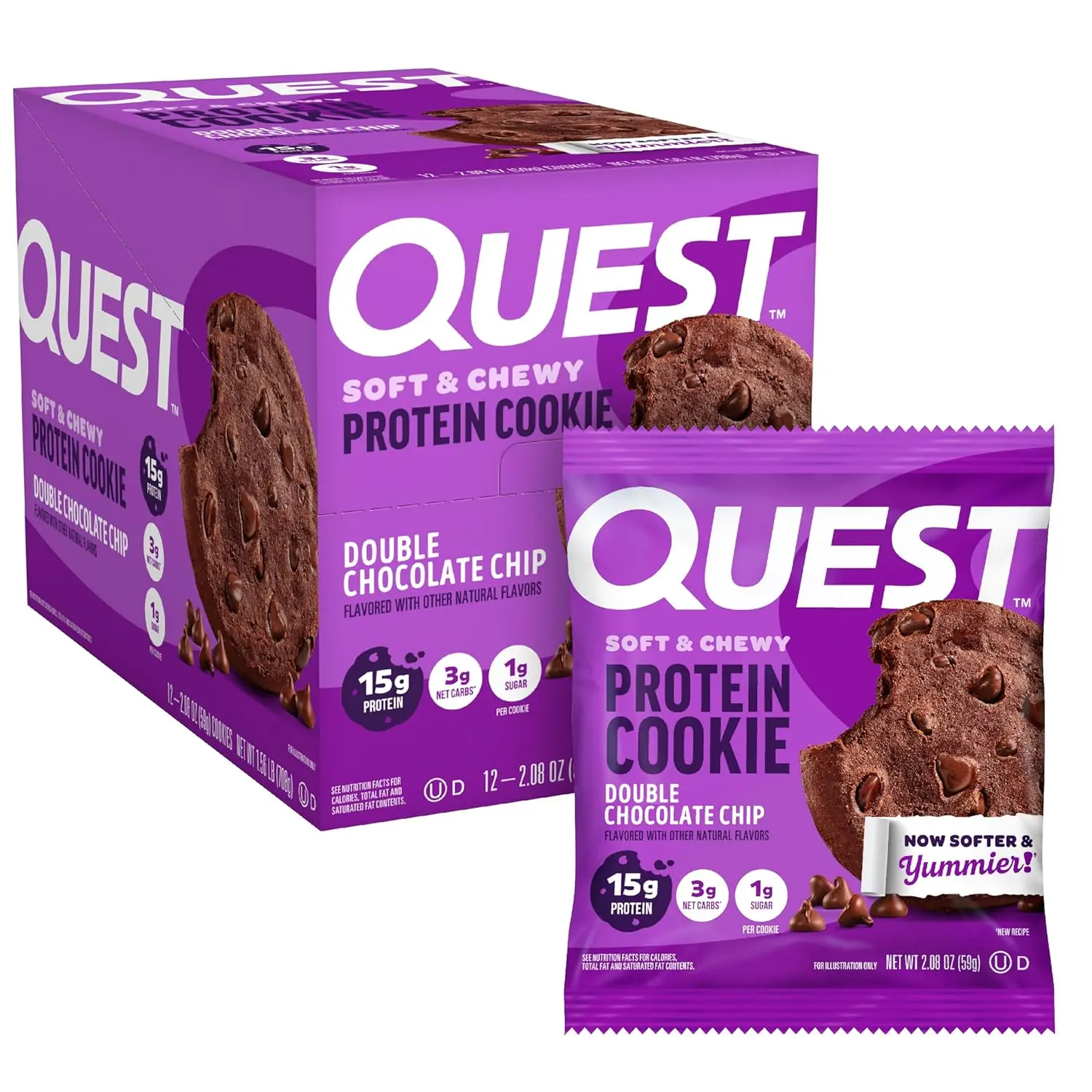 Quest Soft & Chewy High Protein Cookies - Sugar-Conscious Snack for Adults, 15g Protein, Double Chocolate Chip Flavor, 12-Count Ambient Pack, 1.53 lbs