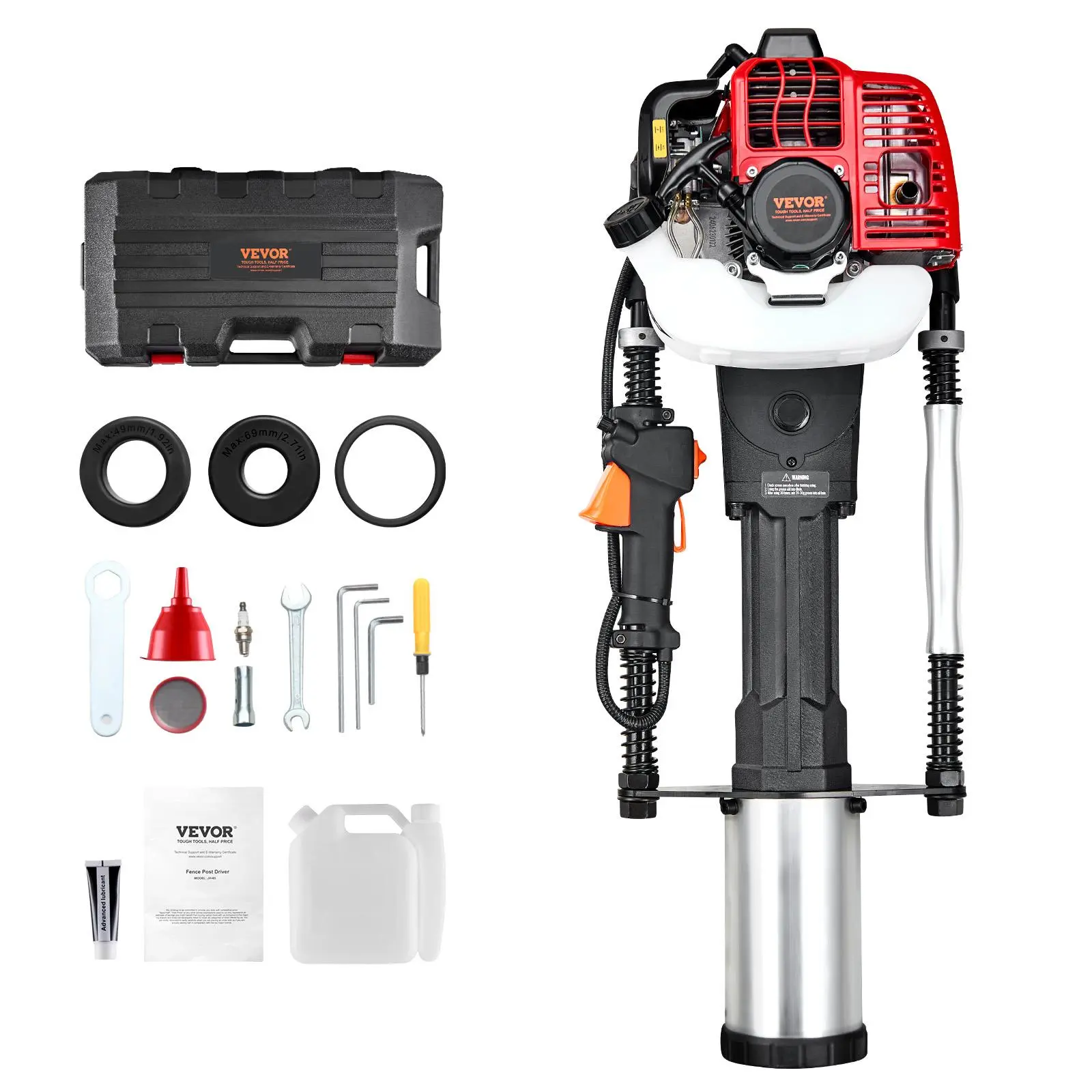 【FathersDayGift】VEVOR 52cc Gas-Powered T Post Driver,  , 2-Stroke Engine Gasoline Fence Piling Pounder, 1300W Portable Piledriver with 3 Post Driving Head(49/69/100 mm) , For Farm, Ranch Fencing, Road Improvements