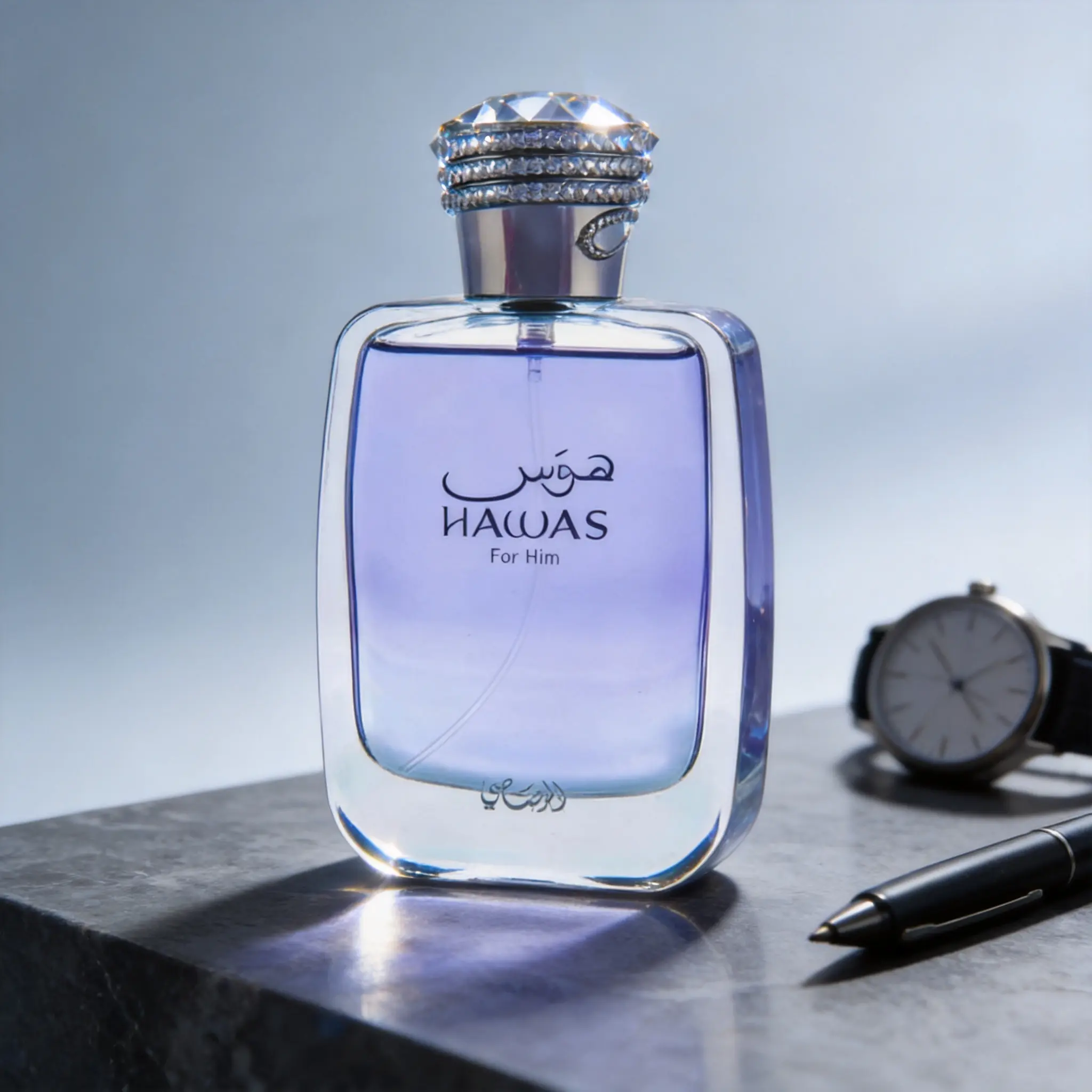 Hawas for Him Eau de Toilette for Men, Long Lasting Arabic Cologne Spray, Woody Aquatic Masculine Fragrance for Daily & Evening Wear