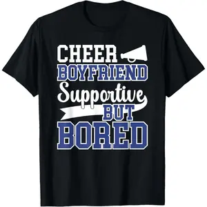 Letter Print Round Neck Tee Cheer Boyfriend Supportive But Bored Cheerleader Boyfriend T-Shirt Breathable Fabric