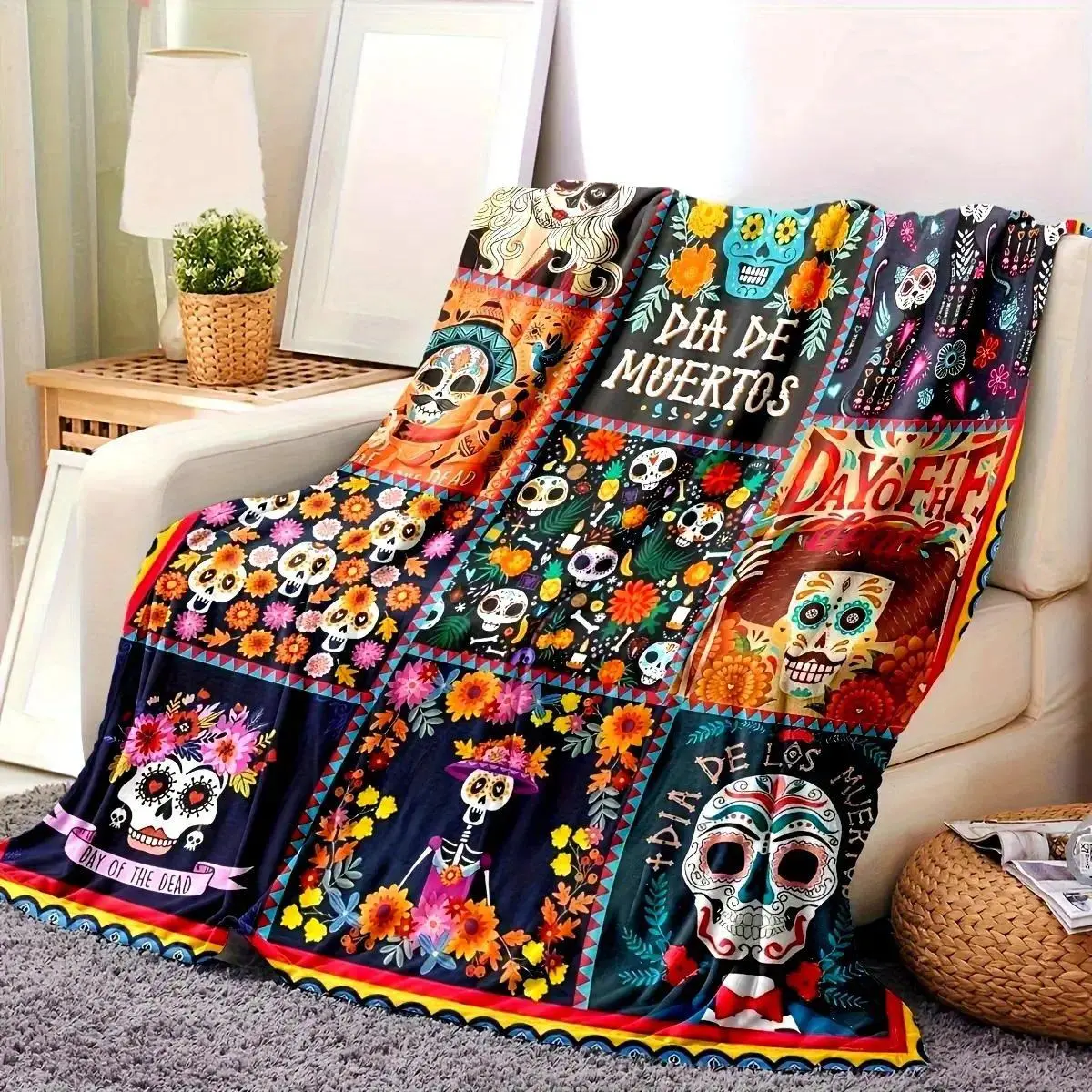 An Antique Mexican Day of the Dead Printed Flannel Blanket - All-Season Use, Stain-Resistant and Tear-Resistant, Machine Washable, Patchwork Digital Printed Polyester Blanket, Multi-Purpose Soft and Warm, Weight 200-450 Grams