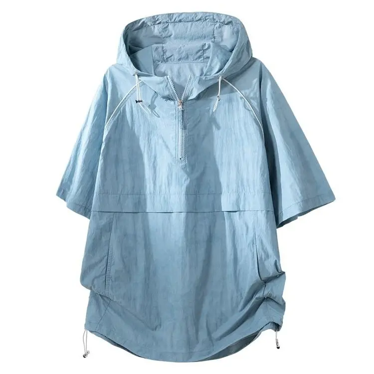 Men's Oversized Ice Silk Half-Zip Hoodie - Stylish, Lightweight, Plain Minimalist Short-Sleeve Top with Pockets, Foldable, Polyamide, Machine Washable for Casual Summer Wear, S, Zip Up Hoodie, Hooded