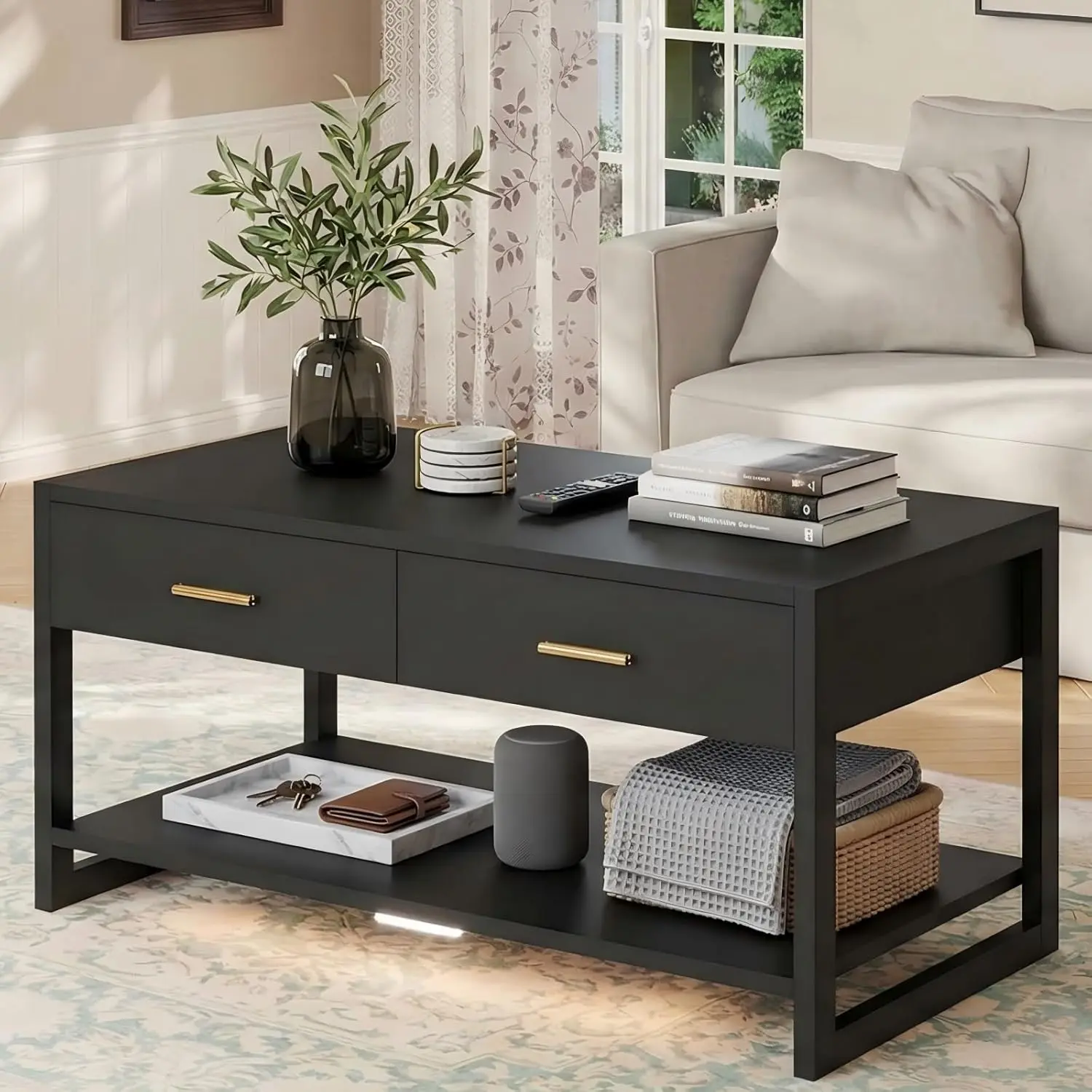 Keratee Coffee Table with Motion Sensor LED Light, 2 Drawers, Open Shelf & Hidden Storage for Living Room