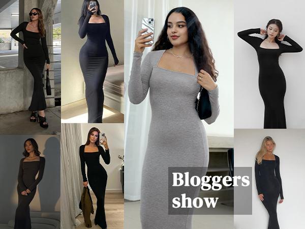 REORIA Women's Chic Black Square Neck Long Sleeve Bodycon Maxi Dress Autumn Casual Ribbed Soft Lounge Dresses Women's Wear Elegant Machine Washable Basic Minimalist Style