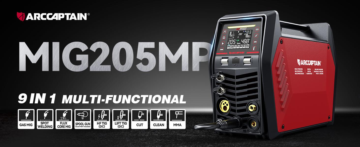 ARCCAPTAIN MIG205MP MIG Welder, All-in-One iControl APP Control Plasma Cutter/Pulsed MIG/Flux Core/Spool Gun/Pulsed HF TIG/Lift TIG/Clean/Stick Aluminum Welding Machine 120/240V Dual Voltage Multiprocess Welders Black Friday, Christmas Gifts for Men/Dad