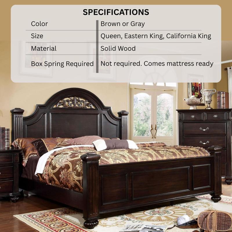Syracuse Traditional Panel Bed with Carved Floral Accents, Fluted Posts & Wood Veneer Frame – Available in Dark Walnut or Gray – By FOA