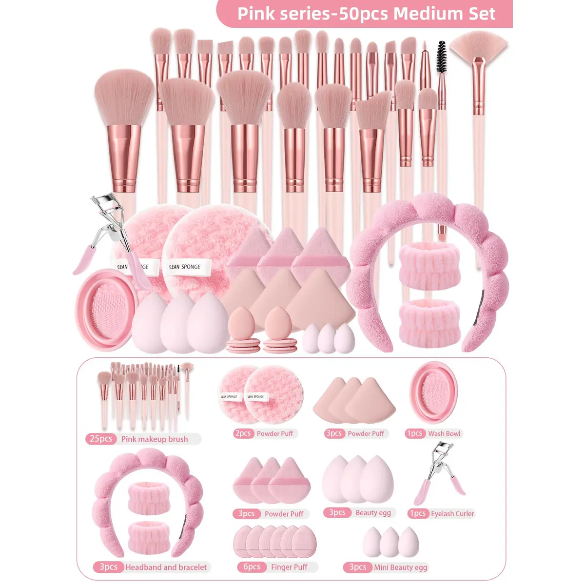 The 50 piece makeup tool set includes a set of 25 makeup brushes, a 3-piece waterproof wash set, a 20 piece makeup powder puff set, as well as a cleaning bowl and eyelash curler, Cosmetic, Makeup Puffs