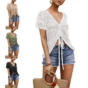 LAICIGO Womens Summer Elegant Crochet Top Trendy Oversized V Neck Flowy Crop Top Shirt Beach Boho Pullover Lightweight Knit Sweaters