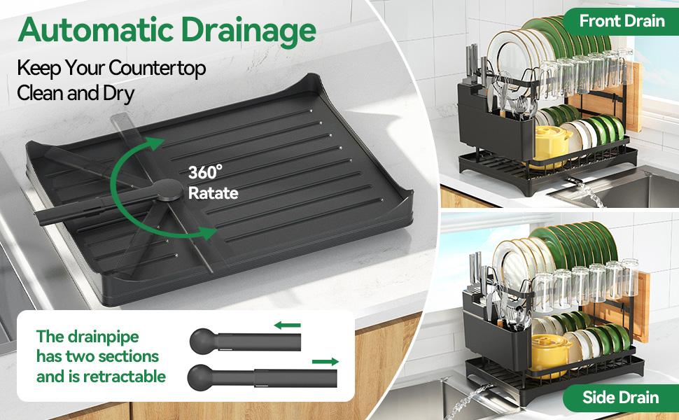 Dish Drying Rack, 2 Tier Large Dish Drying Rack for Kitchen Counter with Drainboard, Carbon Steel Dish Drainer with Anti-Rust Coating for Dish/Knifes/Cup/Cutting Board, Black