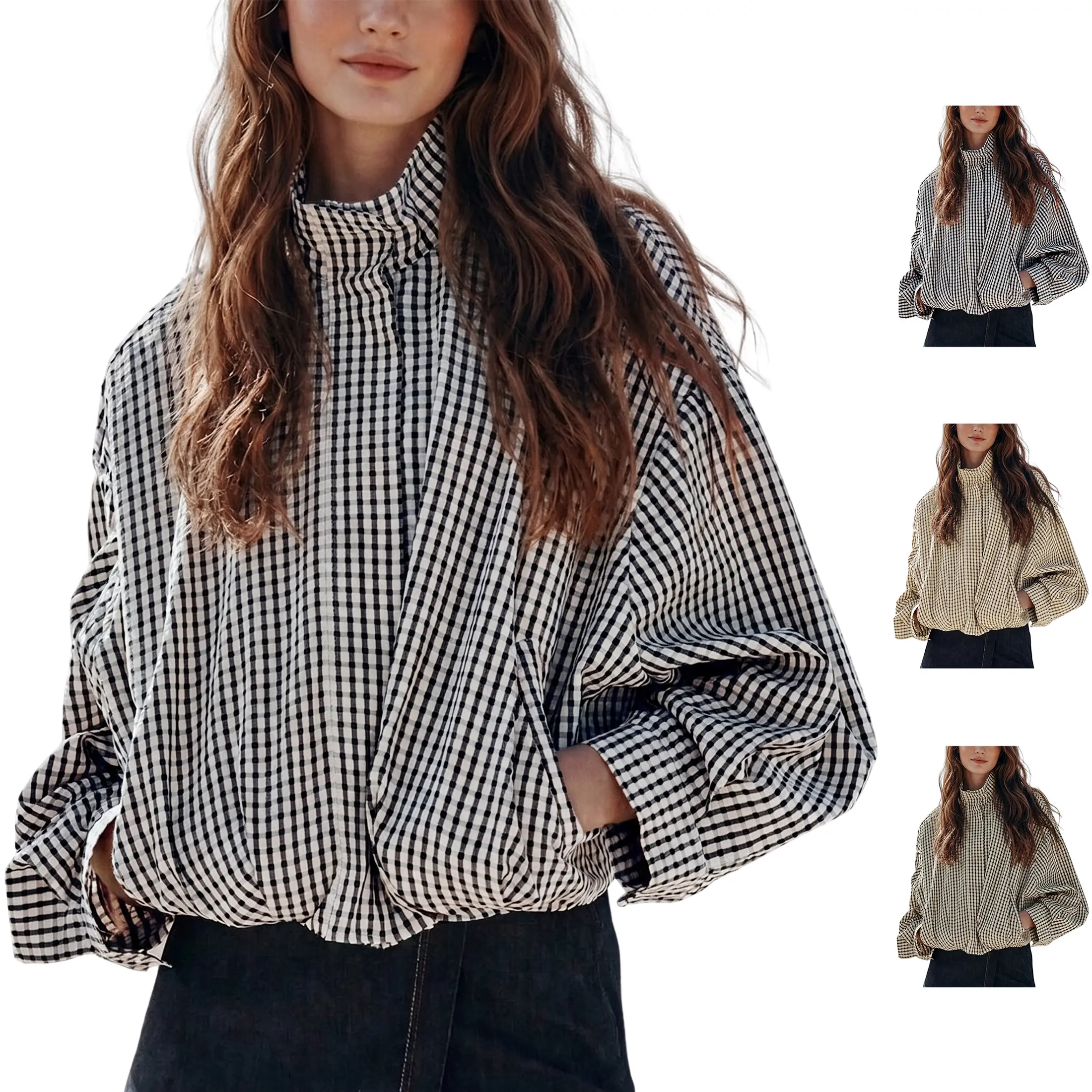 Wandal Women Stand High Neck Gingham Blouse, Oversized Balloon Long Sleeve Vintage Checkered Shirt, Loose Casual Woven Plaid Top