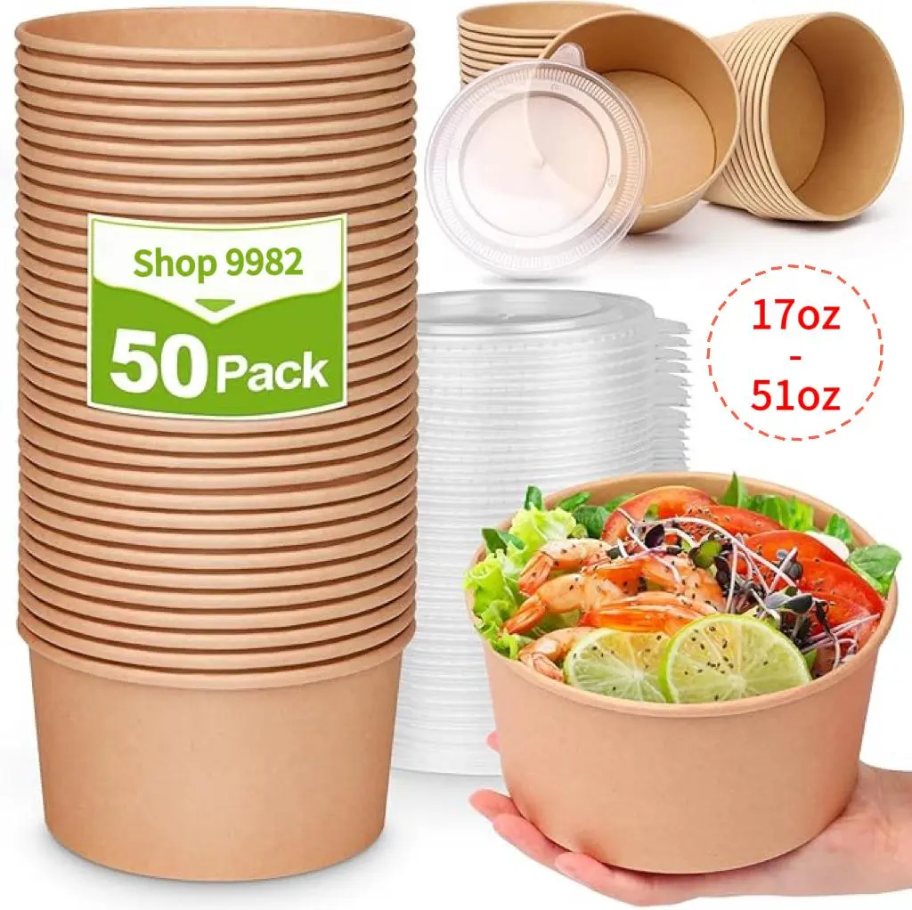 Unicup 【50 Pack】 Kraft Paper Bowls with Lid,Disposable Soup Salad Serving Bowls,  Microwave Freezer Safe