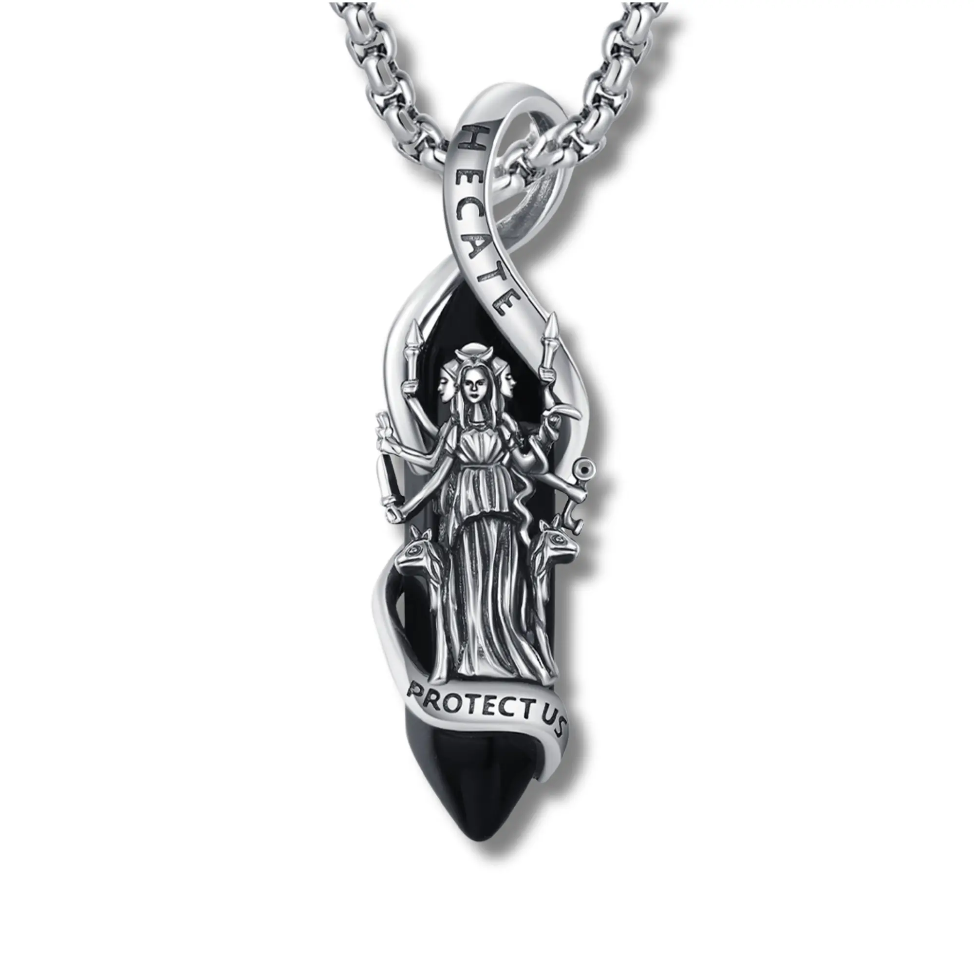 DRINSPER 925 Sterling Silver Obsidian Hecate Necklace - Hypoallergenic Goddess Motif Jewelry with Gemstone Center, Ancient Greek Mythology Devotion Piece, Daily Wear Necklace for Women, Includes Chain, Hypoallergenic Jewelry