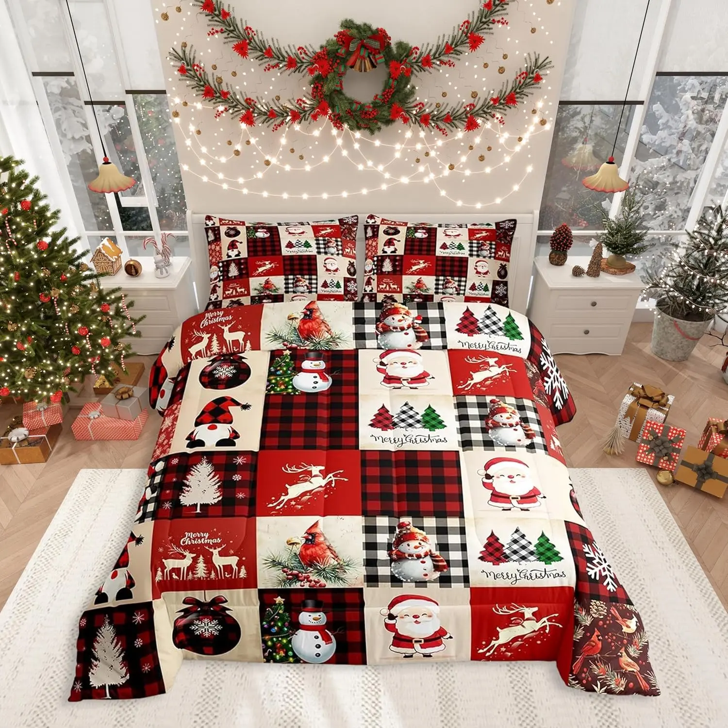 Feelyou Christmas Microfiber Comforter Set - Multi-Size Holiday Bedding Set with Red Plaid Digital Print, Snowman Santa Claus Patches, Machine Washable All-Season Down Comforter, Microfiber Bedding Set