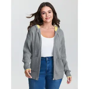 【Pocket Approved】Bloomchic Textured Contrast Hooded Zipper Knit Cardigan