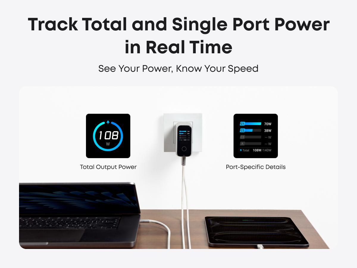 [Live Only] Anker 140W Laptop Charger, 4-Port Multi-Device Charging, 140W Max USB-C Charger, Advanced GaN Power, Intuitive Touch Controls, for MacBook, iPhone 16 Series, Galaxy, Pixel, and More