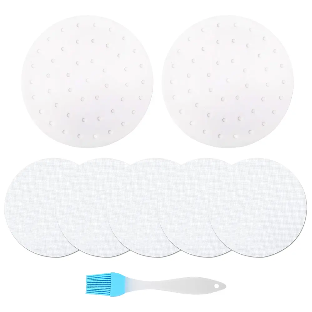 5PCS 10.24 Inch Silicone Steamer Mats and 200pcs Parchment Paper Sheets - Non-Stick, Reusable Steamer Mesh Mats for Steamed Buns, Dumplings, Veggies, Dim Sum, Momo, Rice, and Fish - Food Grade BPA Free