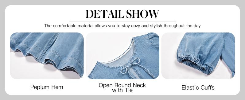 【New】Tankaneo Denim Baby doll Top with Puff Sleeves & Bow Tie Front Blouse for Women Casual Summer cowgirlstyle country concert outfits 【New】Tankaneo Denim Baby doll Top with Puff Sleeves & Bow Tie Front Blouse for Women Casual Summer cowgirlstyle country concert outfits