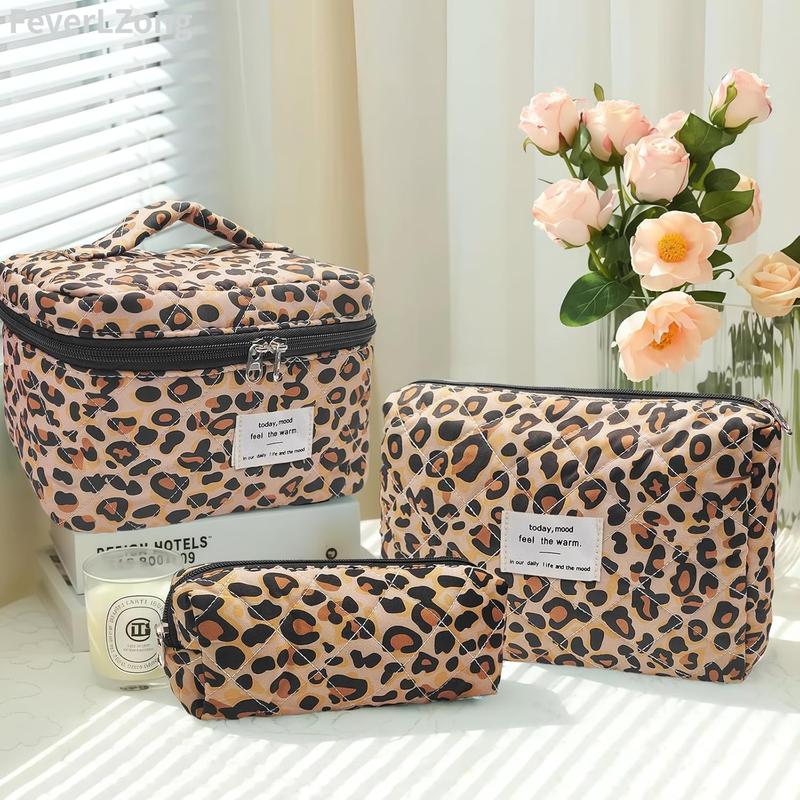 Floral Quilted Makeup Organizer Set Padded Cotton Cosmetic Bag Set in Leopard Print for Travel and Storage pattern multifunctional