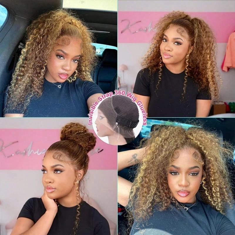 30 36 Inch Highlight 360 Deep Wave Wig Hidden Invisible Strap 360 Full Lace Front Wigs Human Hair 180% Density Ombre Honey Blonde Drawstring Wig Human Hair For Women Pre Plucked Colored 4/27 Glueless Curly Wig Human Hair