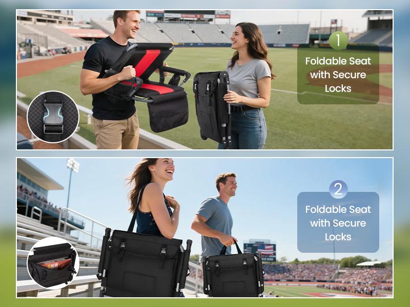 PHI VILLA Folding Stadium Seat Bleacher Chair with Cup Holder, Mesh Bag and Hide Hooks, Portable Stadium Chair with Back and Cushion Red