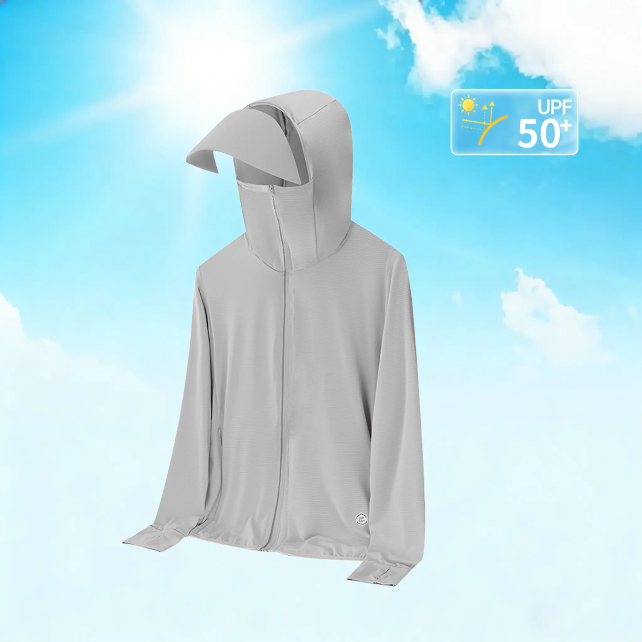 Women’s Sun Protection Jacket UPF 50+, Hooded — Full-zip lightweight UV jacket with detachable sun cap, breathable long-sleeve sun shirt, suitable for outdoor windproof wear