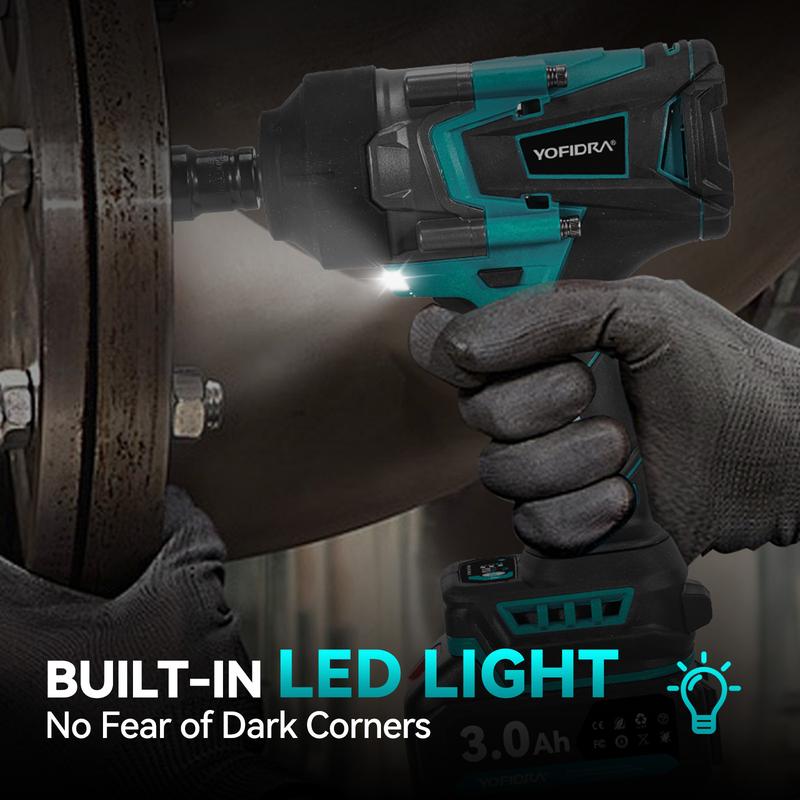 YOFIDRA Cordless Impact Wrench 1/2" Drive 1700Nm High Torque Power Tool Kit, 3-Speed Brushless Electric Wrench with 2×3.0Ah 1500mAh Batteries, Fast Charger, 17/19/21/22mm Sockets, LED Light, Compatible with Makita 18V Battery half inch