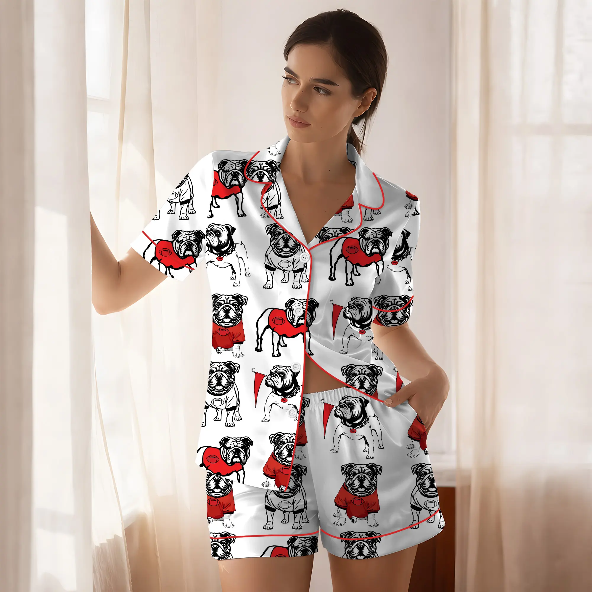 Bulldogs Satin Pajamas Set, Pitbull Gameday Pajamas, Bulldogs Football Satin Pajama Set, Women's Luxury Sleepwear