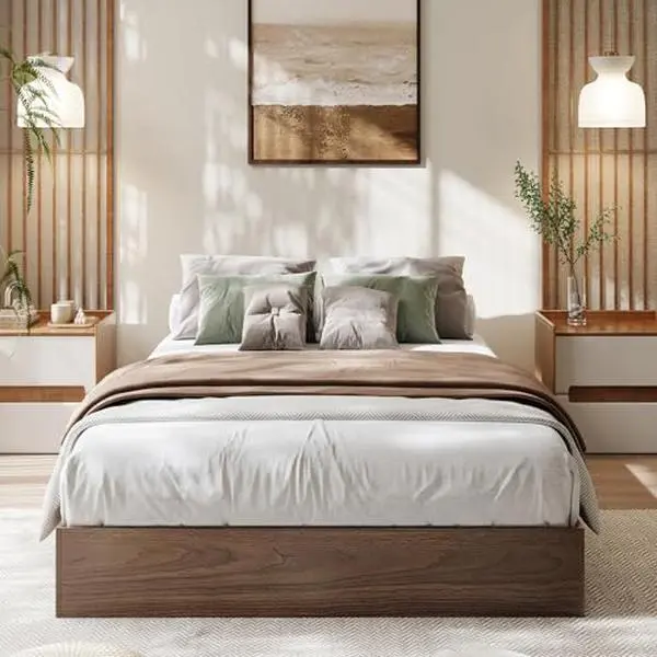 Modern Sturdy Wood Twin XL Noise-Free Floor-Standing Bed Frame, Robust Wooden Slats, Headboard-Free Design, No Box Spring Needed, Ample Support, Easy Assembly Required, Minimalist Natural Grain Walnut Build, Durable