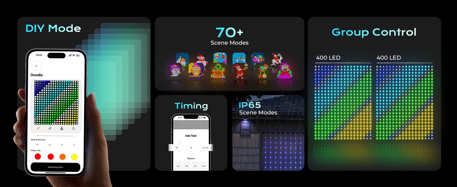 Smart Curtain Lights with DIY GIF, 400 RGBIC LEDs 6.6x6.6ft Color Changing Holiday Wall Lightss with APP, IP65 Waterproof Christmas String Fairy Lightss for Indoor Outdoor Bedroom Window