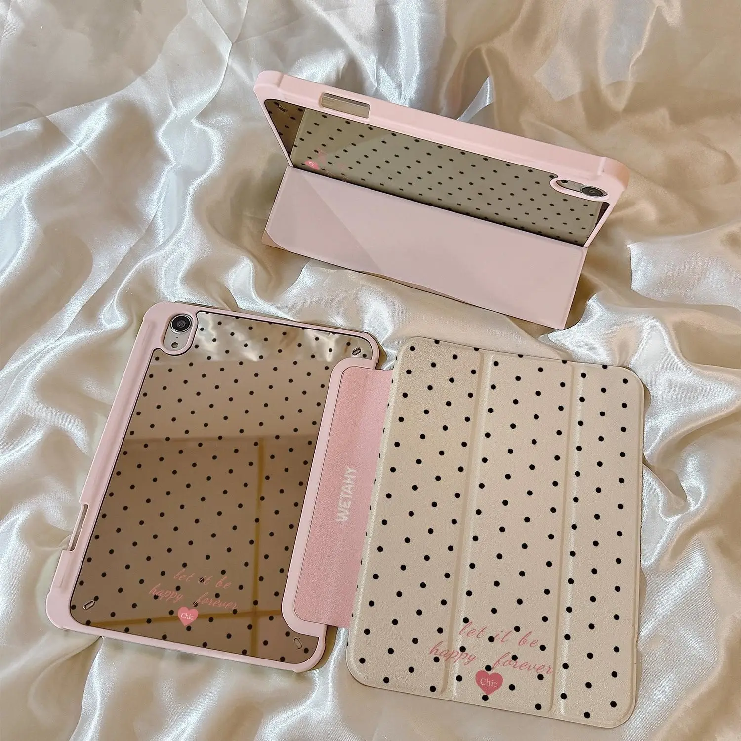 Milk Chestnut Polka Dot and Heart Design Tablet Cover, iPad Covers, Tablet Accessories, Three-Fold Stand Mirror Back Case with Pen Slot, Fits iPad 10/9/8 Generation and More
