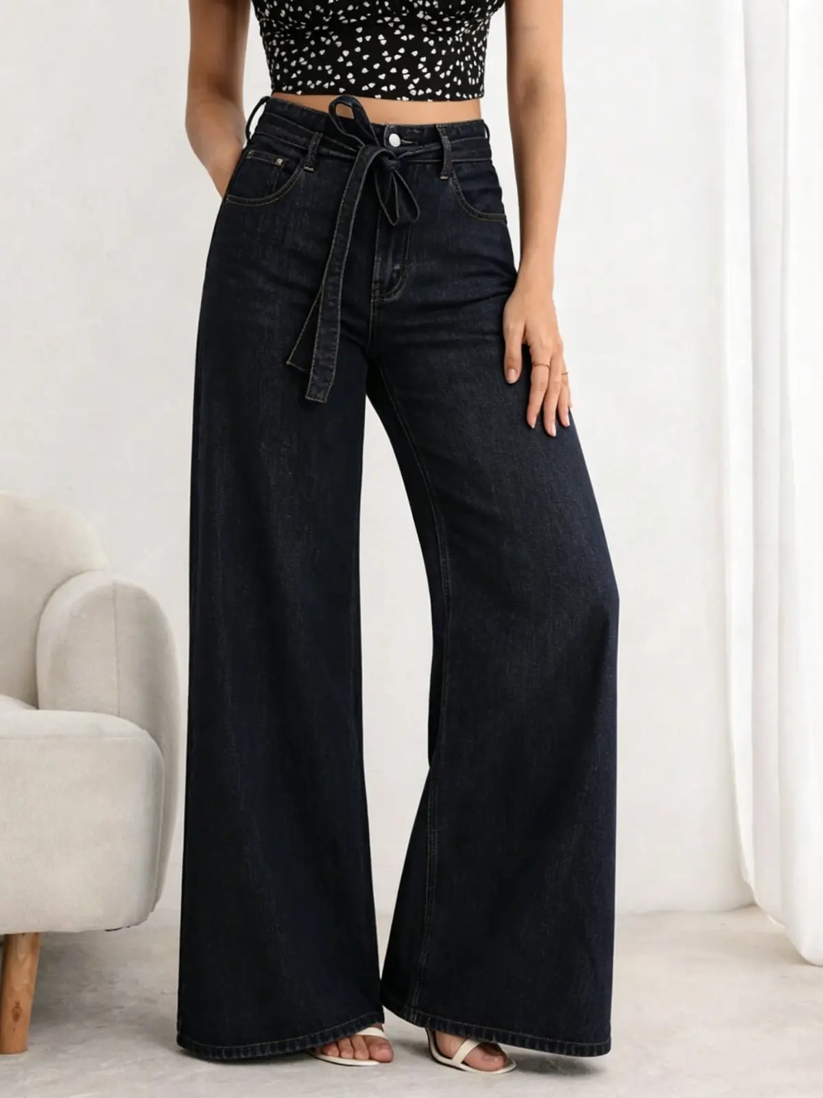 Women's High-Waisted Wide-Leg Denim Sweatpants - Womenswear Bottom, Multi-Pocket, Lace-Up, Washed, Baggy, Stretch, Plus Size, Versatile Casual Streetwear Trousers