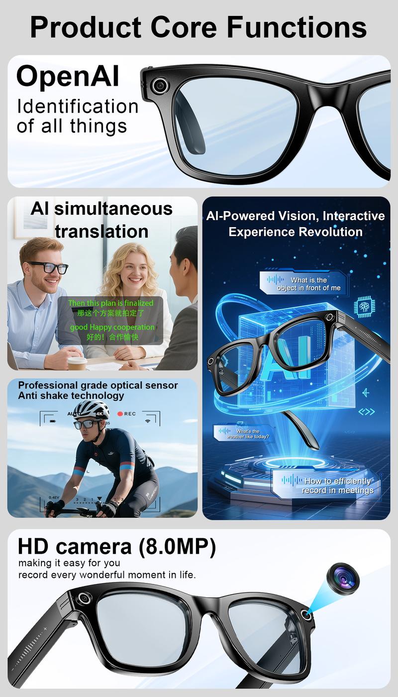 ULIMIED AI Smart Camera Glasses with 8MP HD Photo & Video, Hands-Free Recording, Bluetooth Music & Calls, Real-Time Translation Wearable