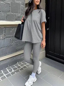 Casual Sportswear 2-Piece Set High Waist Tight Pants Yoga Pants Short Sleeved Round Neck Yoga Set in Super Soft 90% Polyester 10% Elastane Material