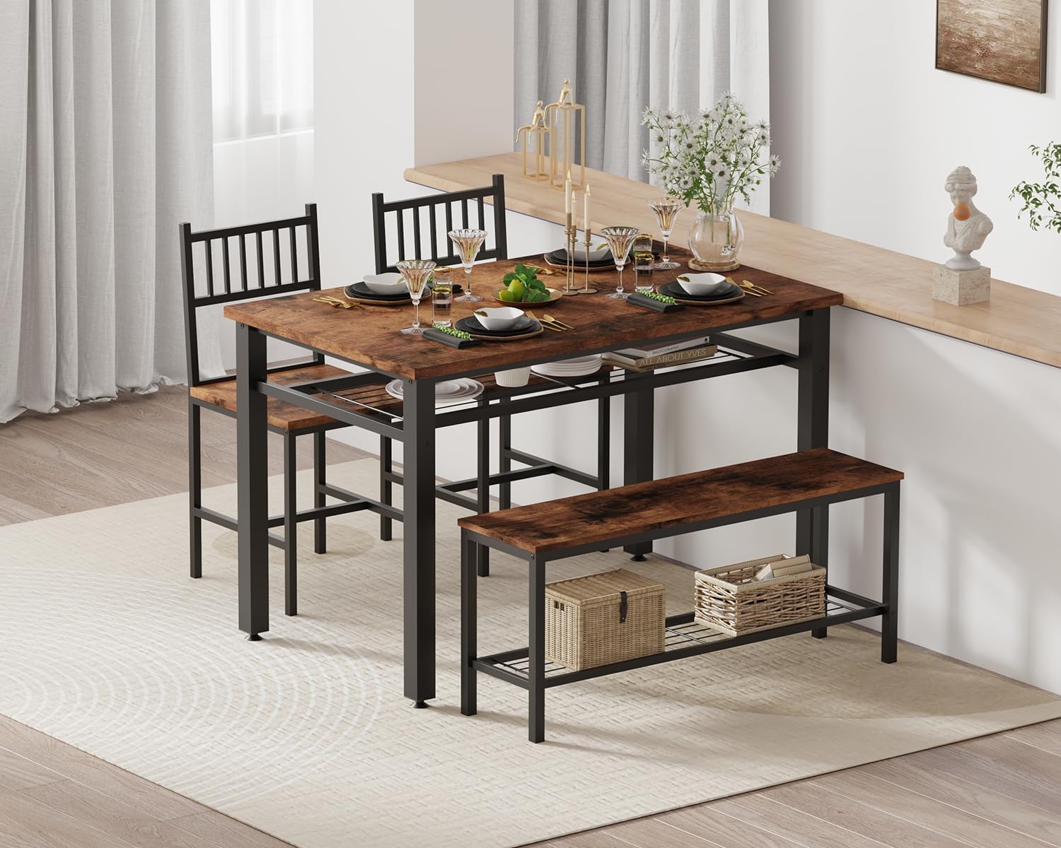 Farmhouse Kitchen Table Chairs Set for 4, 47" Modern Dining Table with Bench & Chairs, Storage Shelf, Metal Frame, Space-Saving for Dining Room Kitchen Apartment