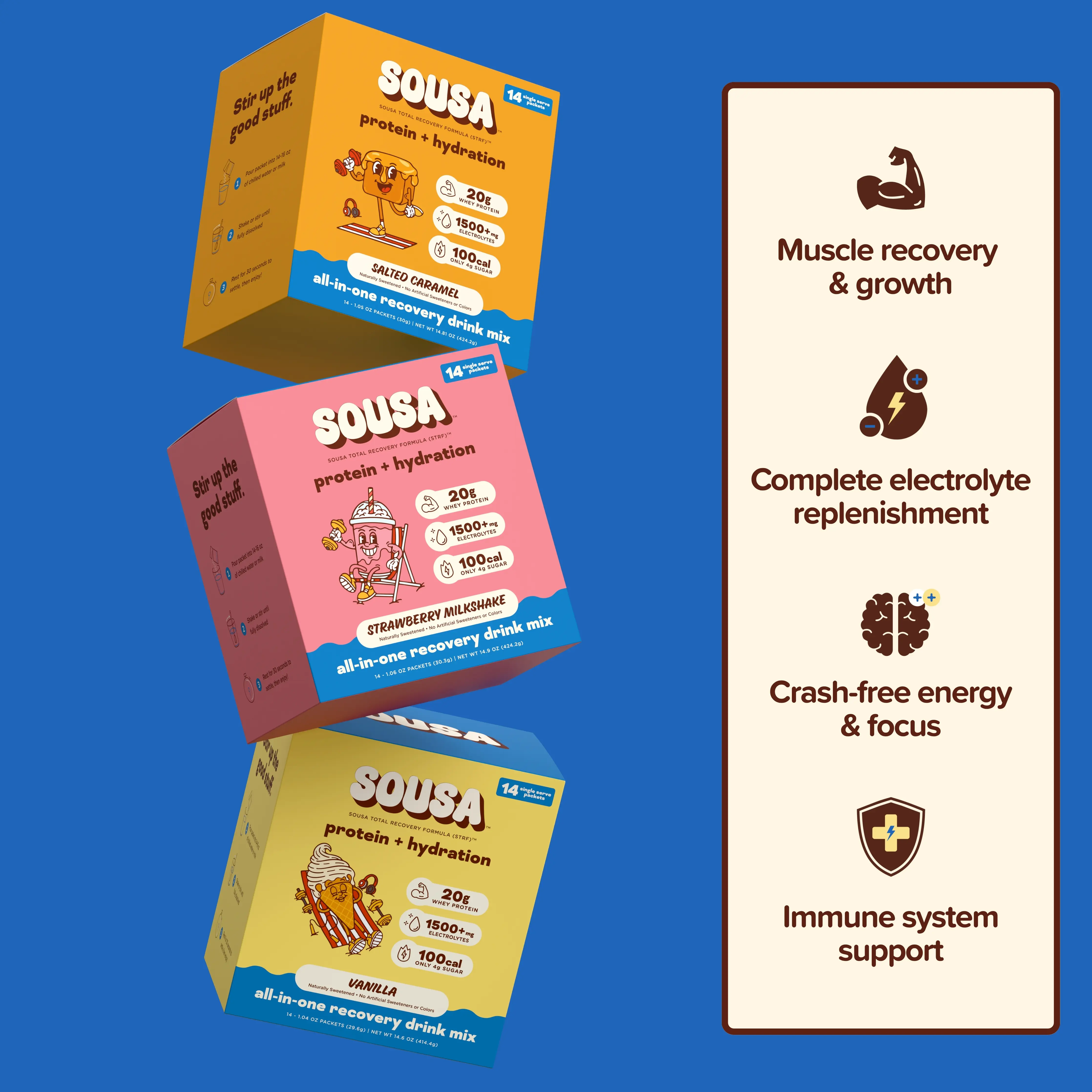 Sousa Variety Bundle Protein + Hydration Powder Mix, 42 Packets (3 Boxes), 20g Whey Protein + 1500mg Electrolytes, Try All 3 Flavors (Vanilla, Strawberry Milkshake, Salted Caramel), 42 Count, Protein Fitness Supplement for Muscle Recovery & Daily Wellness
