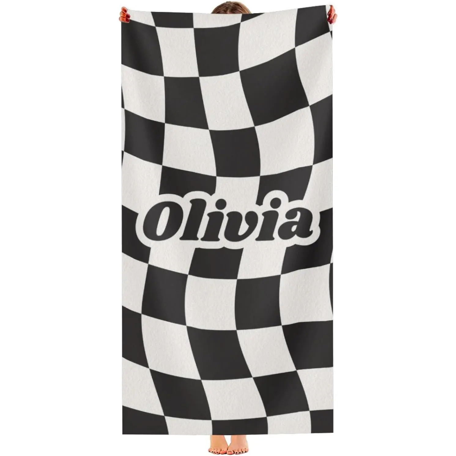 Personalized Checkerboard Beach Towels with Names for Kids Baby Toddler Custom Pool Towels for Women Men Boys Girls Bathroom Travel Swim Lightweight Quick Dry