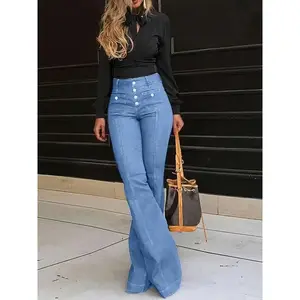 2025 Spring New Style Button High Waist Jeans Women's Slim Fashionable Temperament Elegant Flared Pants Trousers Denim Bell Bottoms Bellbottomjeans Womenswear