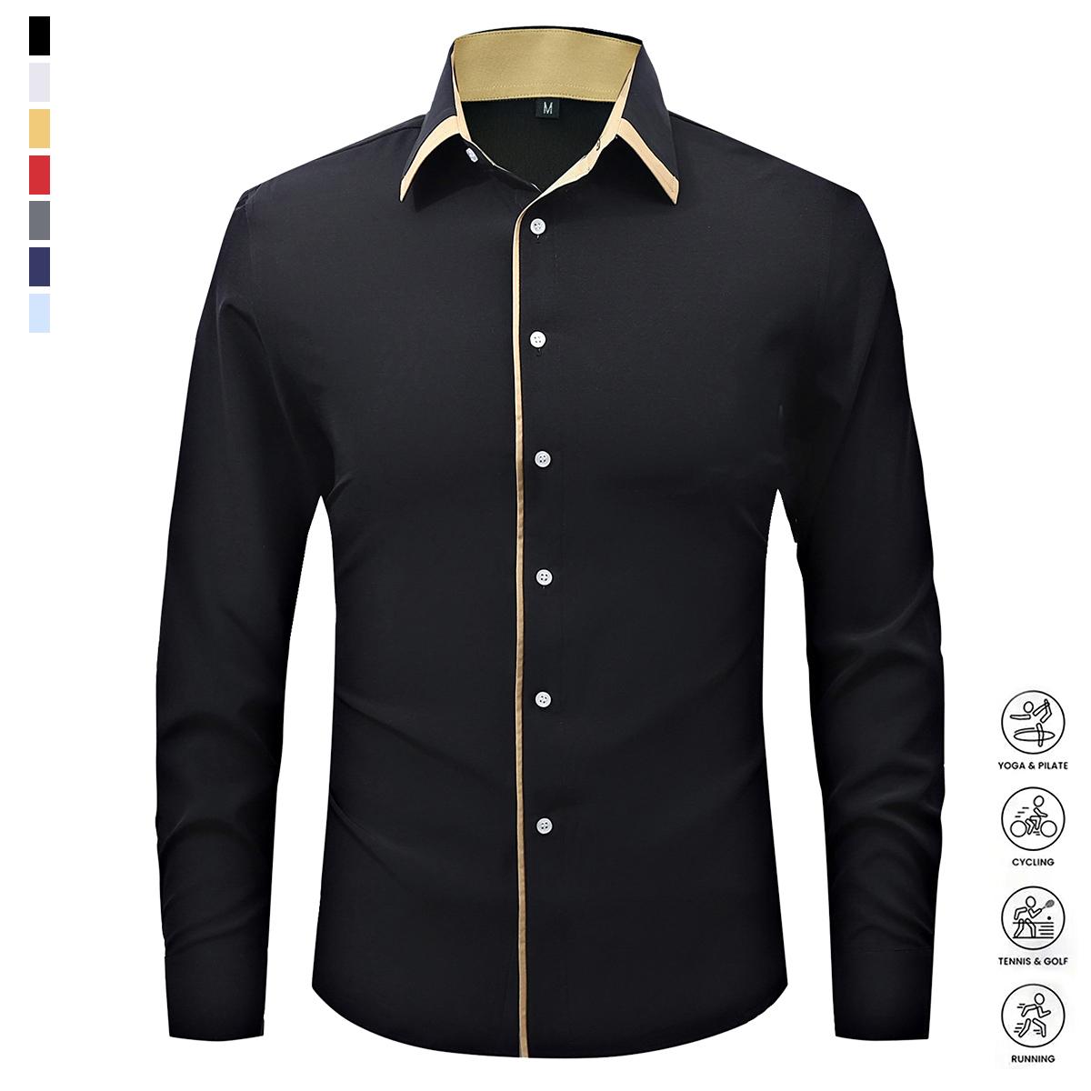 Men's Fashion Spring and Autumn Dress Light Business Long Sleeve Shirt Classic Double-breasted Elastic Contrasting Color Comfortable Breathable Sweat Top Men's Clothing