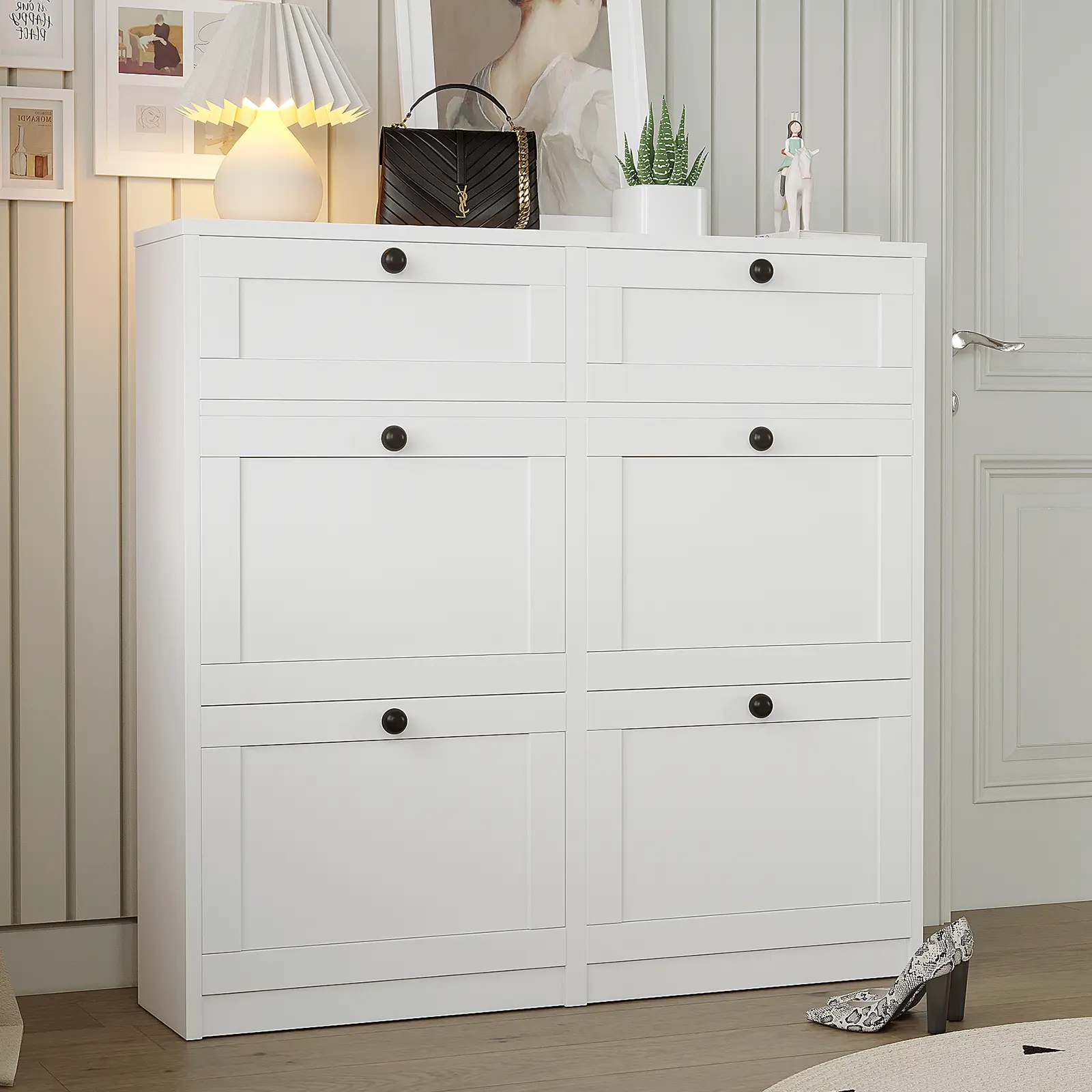 VOWNER Shoe Cabinet with 4 Flip Drawers & 2 Drawers, Freestanding Shoe Storage Cabinet with Adjustable Shelves, Shoe Organizer for Entryway, Hallway, Living Room, White