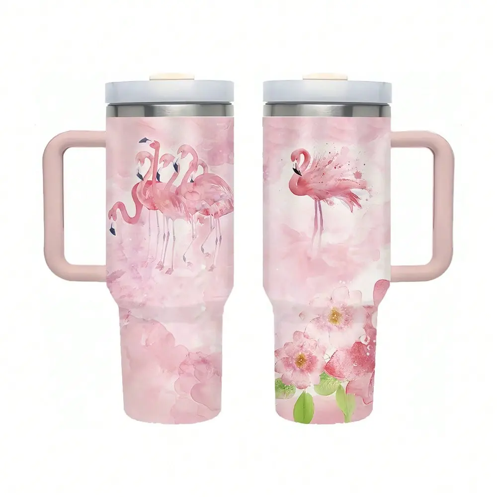 40 Oz Watercolor Flamingo Tumbler With Handle And Straw Lid - Double Double Wall Dual Layer Vacuum Cup Portable Leak-proof Cup With Handle Stainless Steel Tumbler,Straw Drinkware, Cute Accent Mug, Cold Sippy Coffee cups,Travel Cups Bottles,Father Day Gift