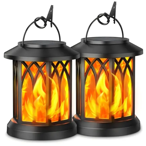 2-Pack Hanging Solar Flame Lanterns, Flickering Warm Light Solar-Powered Outdoor Decor, Easy-Install Ornaments for Garden, Patio, Holiday Decor