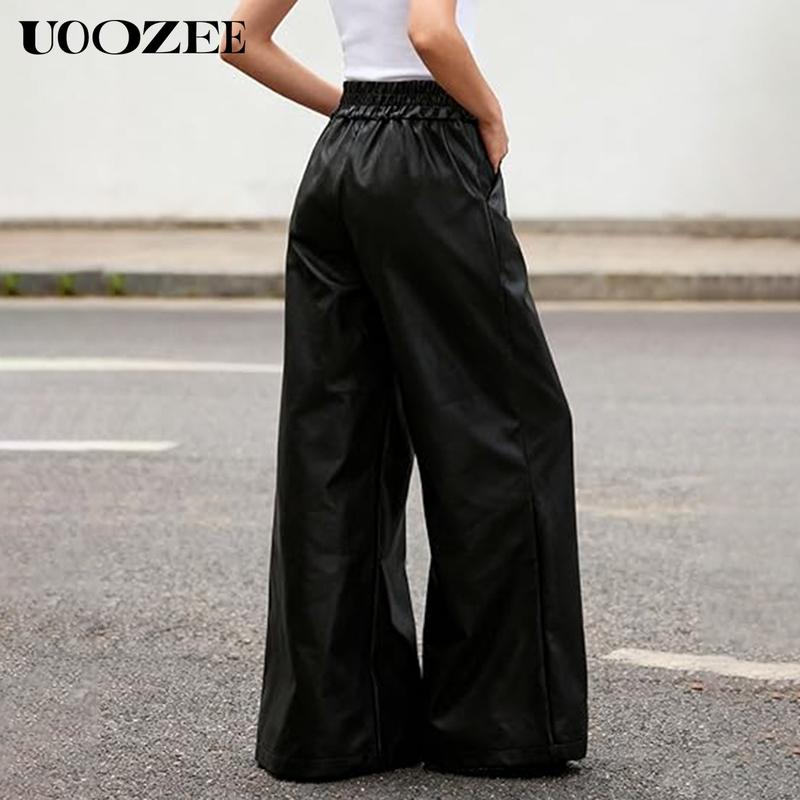 UOOZEE NEW  Women's Faux Leather Pants PU High Waist Wide Leg Pants with Pockets Pleated Going Out Flare Trousers