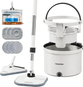 Mop and Bucket Set, Spin Mop and Detachable Inner Mop Bucket with Separate Dirty/Clean Water System, Self-Wringing Square Mops for Floor/Wall Cleaning with 6 Microfiber Pads