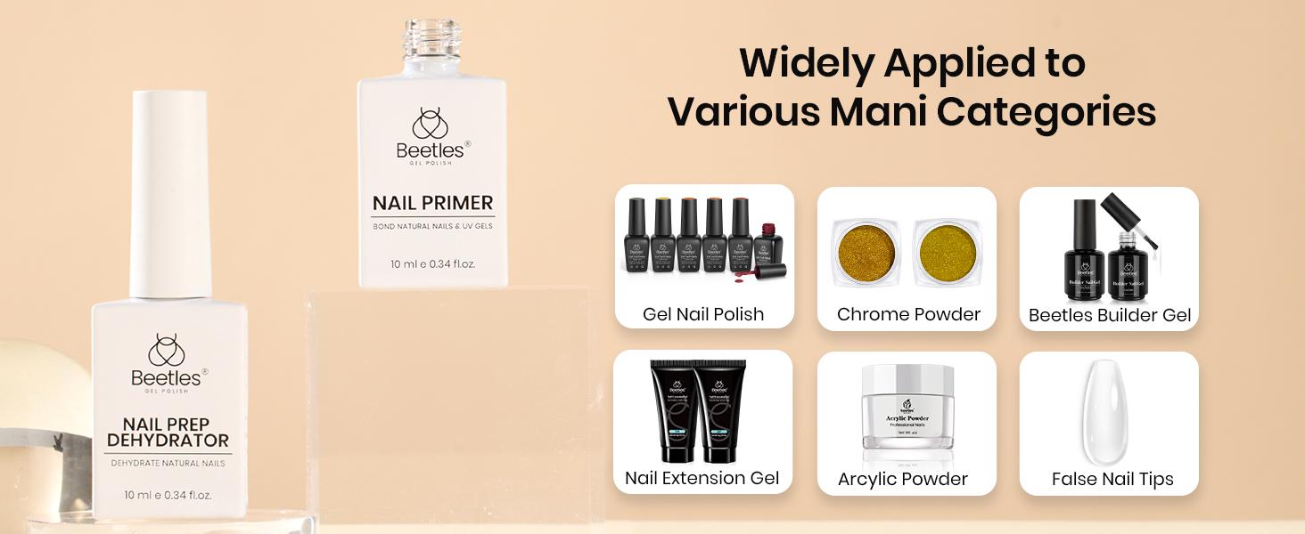 Beetles Gel Top Coat and Base Coat Set with Nail Dehydrator and Primer, 5 Pcs 10ml Glossy & Matte Top Coat Gel Nail Polish Nail Prep Acid-Free and Hema-Free Dehydrate Bond Primer Set for Acrylic