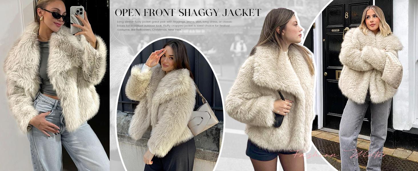 Faux Fur Jacket for Women Lapel Cropped Furry Coat 2026 Spring Fluffy Faux Fur Jacket Long Sleeve Winter Open Front Shaggy Parka Outerwear Casual Womenswear with Side Pockets-Cocktail Elegant Festival SpringStatements