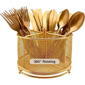 360 °   Rotating Metal Utensil Caddy - 4 Compartment Silverware Cutlery Holder Rotation Fork Spoon Napkin Organizer Flatware Storage Basket Party Countertop Buffet Picnic Camping Outdoor Gold