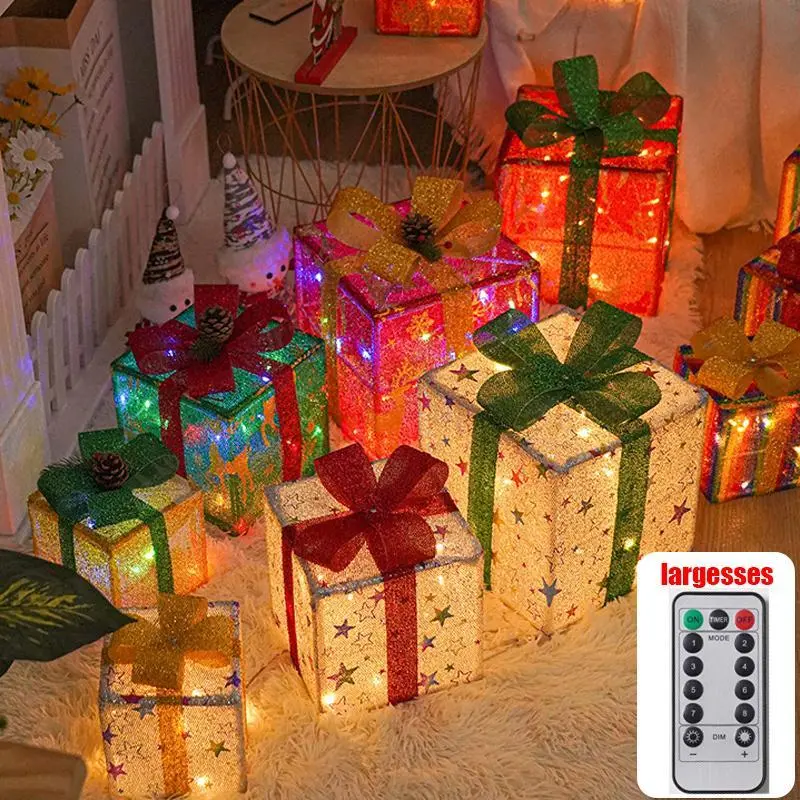 3pc Magical Christmas LED Gift Box Set, 8 Modes Remote Control Warm Light Ornaments, Festive Ribbon, DIY Assembly, Indoor/Outdoor Camping Lights, Battery Powered (Battery Not Included), Led Lights