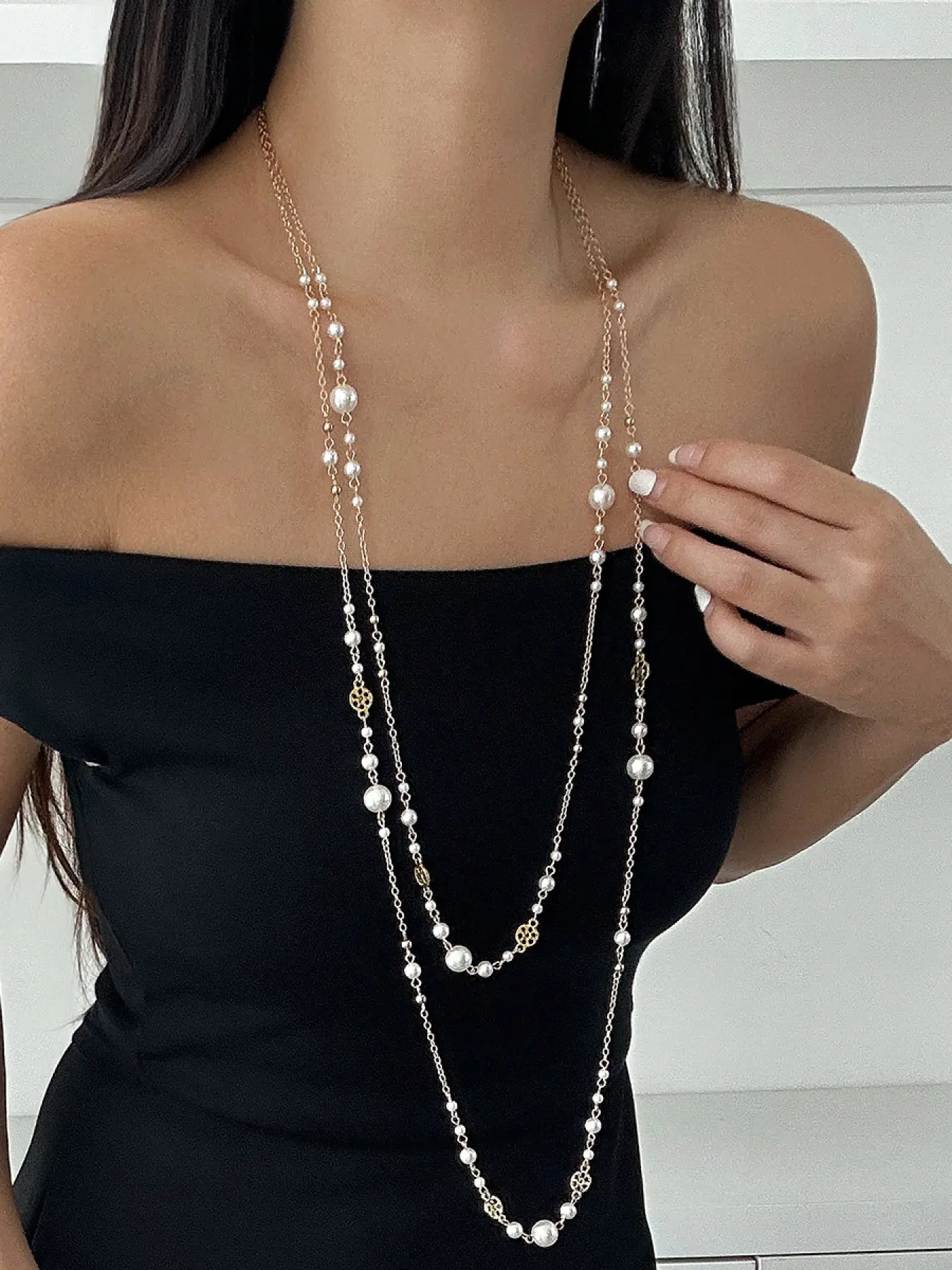 1PC French Fashion Faux Pearl Chain Long Necklace, Women's Party Gathering Accessories, Elegant Jewellery, Exquisite Chain Jewelry, Trendy Jewelry, Chic Gorgeous Jewelry, Fashionable Accessory, Elegant Prom Jewelry, Chain Necklaces