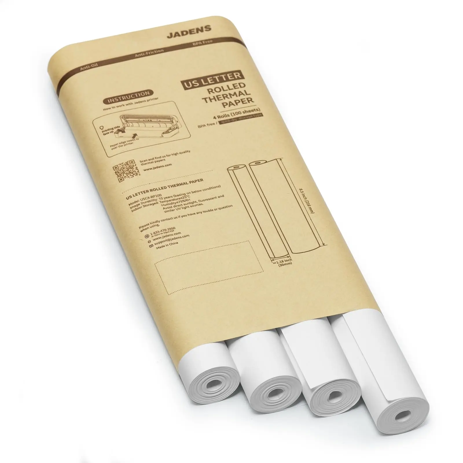 JADENS US Letter Size 8.5''×11'' Quick-Dry Folded Thermal Paper, 200 Sheets, Multipurpose Secure Printing Material for Office Contracts, Resumes